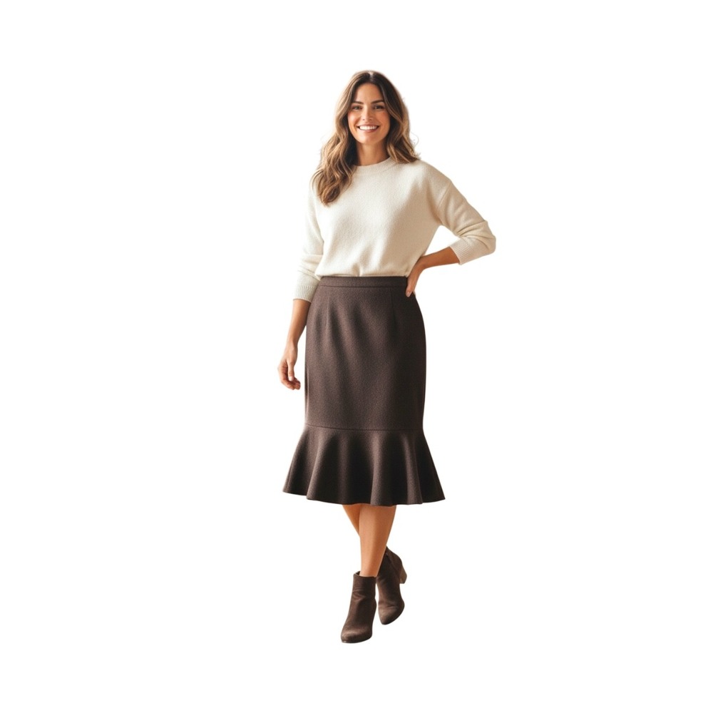 INC International Concepts Brown Tweed Flounce Hem Midi Skirt‎ Size 8